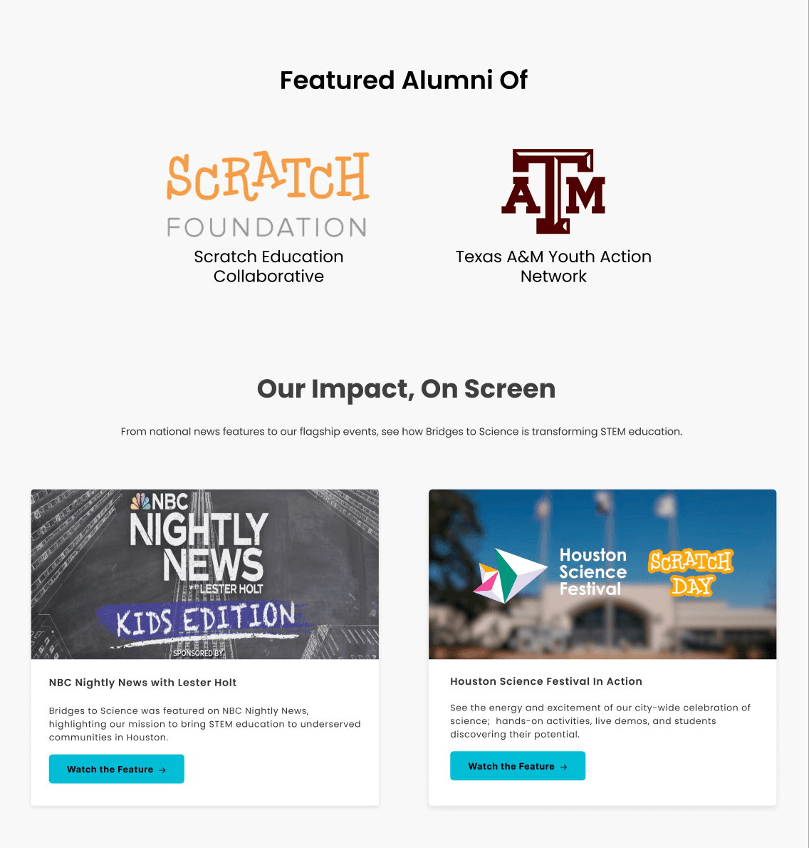 Credibility signals with featured alumni and media coverage