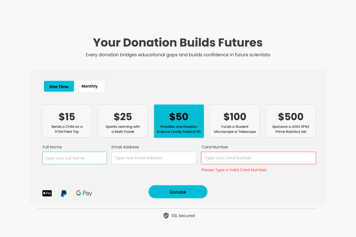 Embedded donation form with impact-based amount tiers