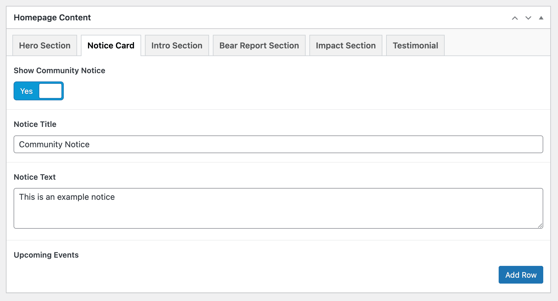WordPress ACF homepage editor with notice toggle and tabbed sections