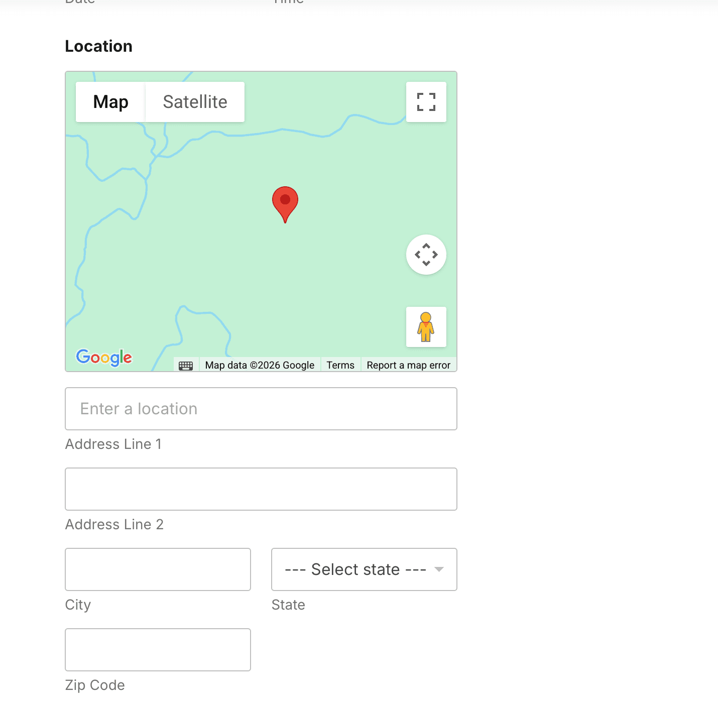 Report a Sighting form location section with map pin and address fields