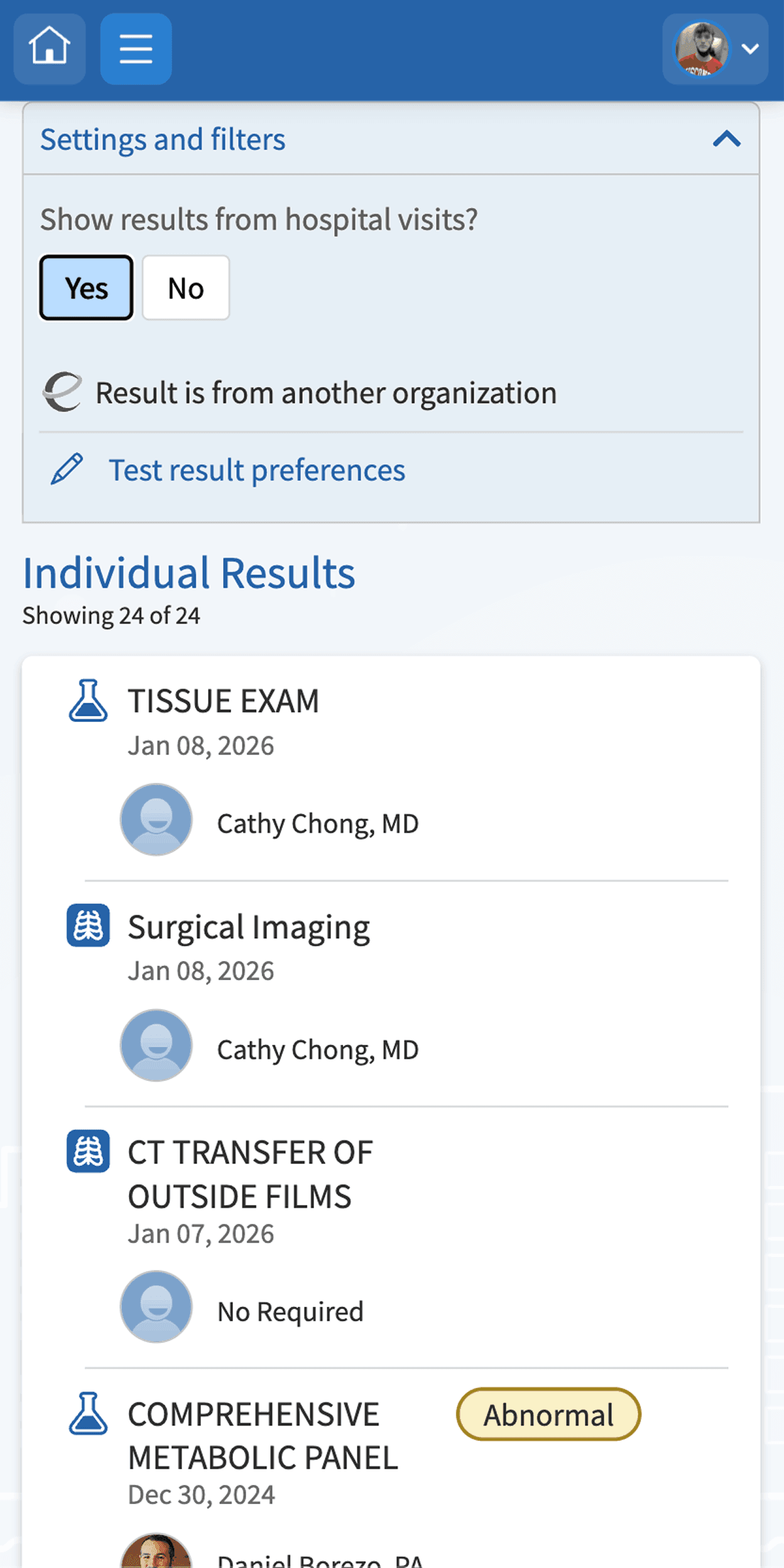 MyChart mobile: flat list of lab results