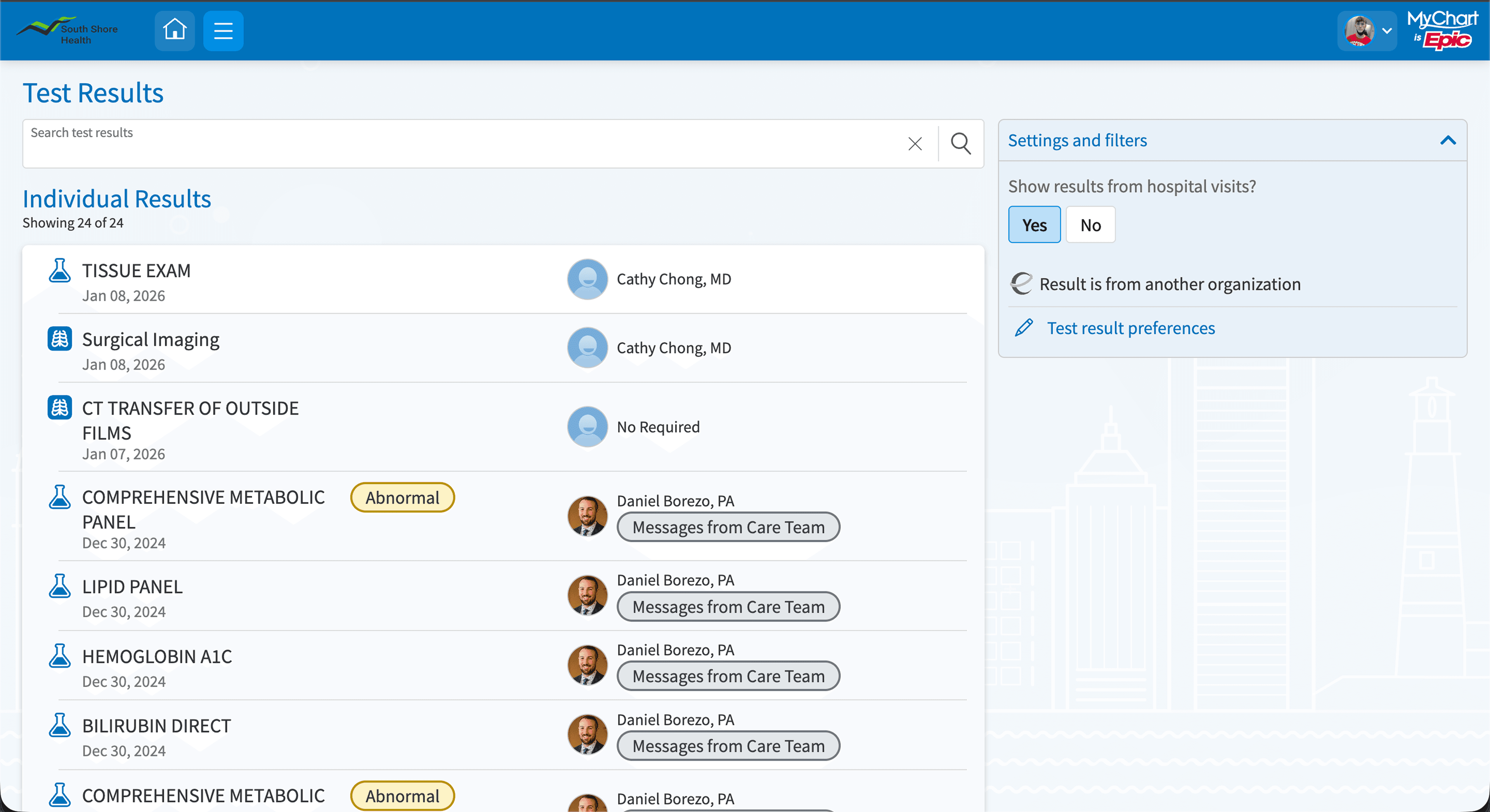 MyChart test results: flat list of individual tests