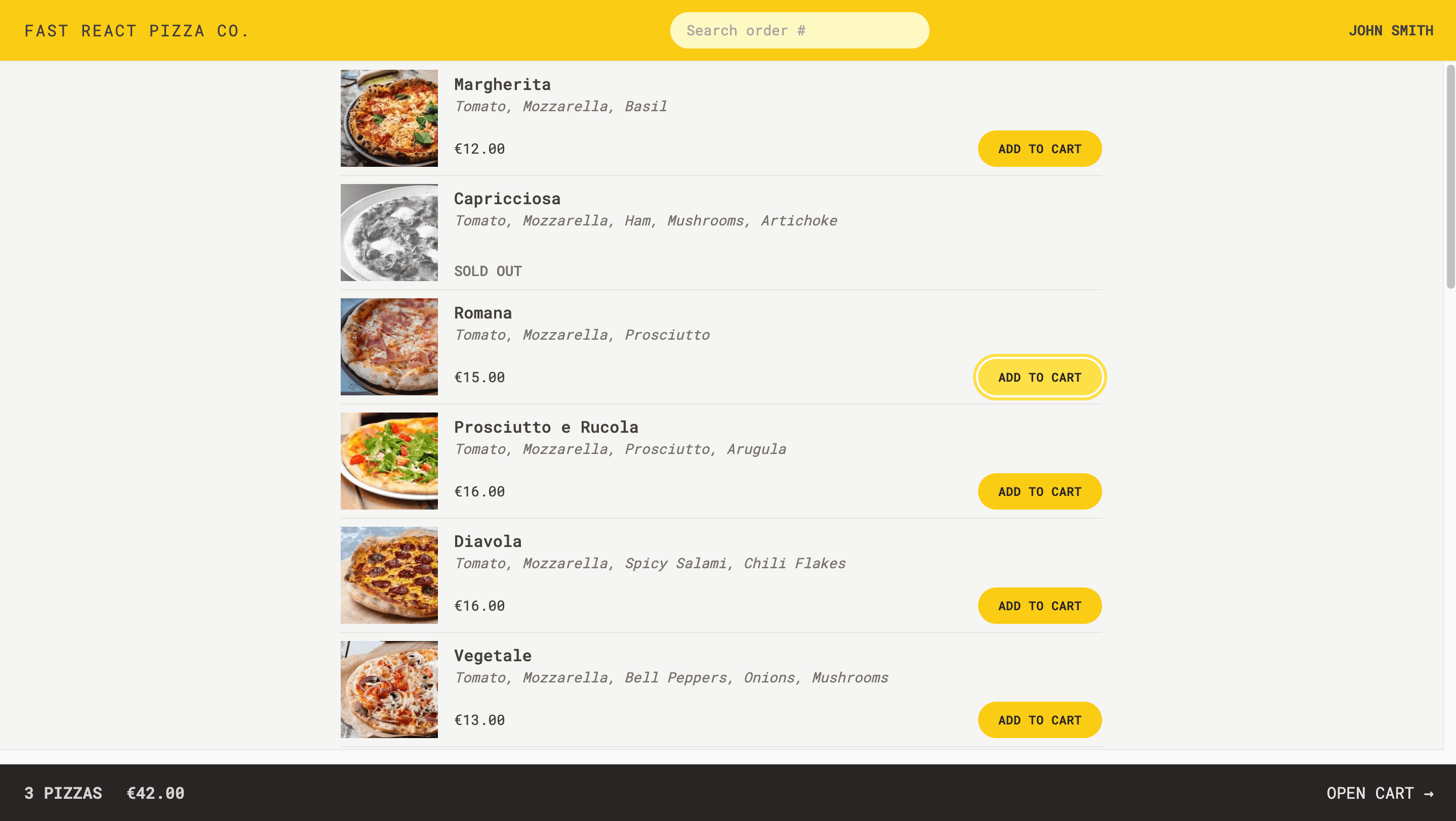 Pizza store ordering interface