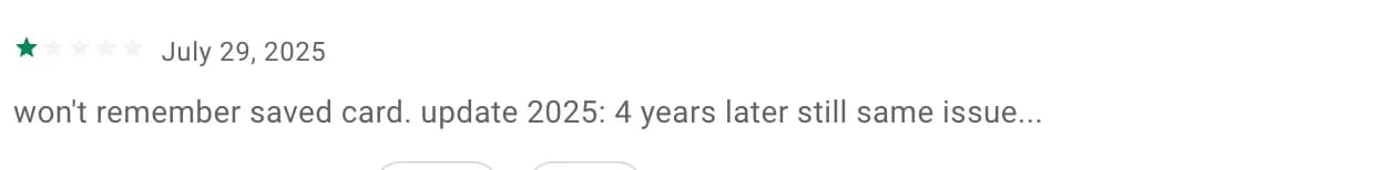 1-star review about card not saving for 4 years