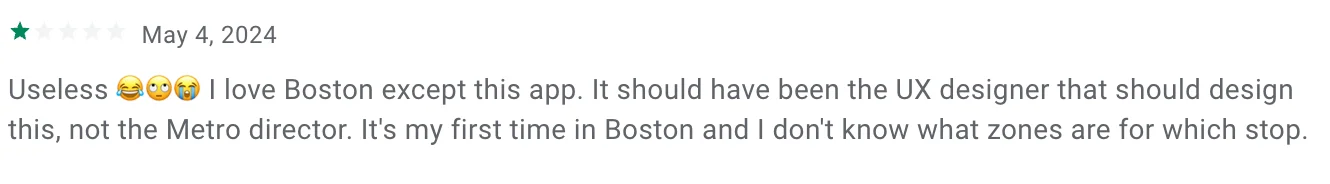 1-star review about confusing zones for visitors