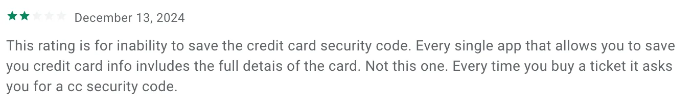 2-star review about inability to save CVV code