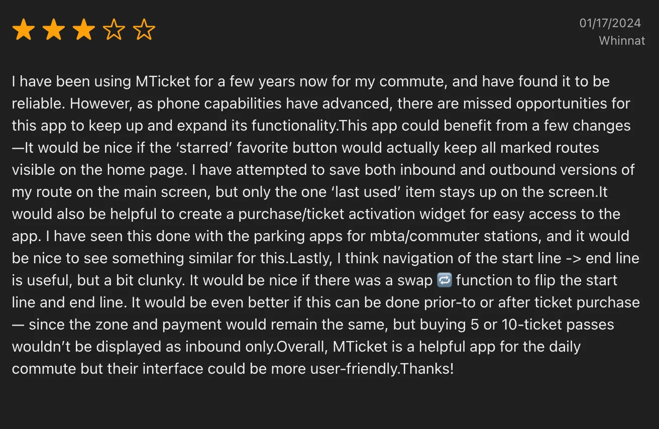 3-star review requesting favorites widget and swap direction