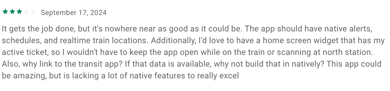 3-star review about missing native alerts and schedules widget