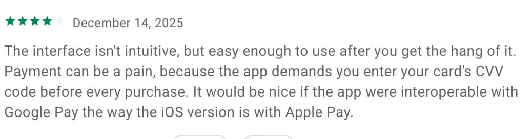 4-star review about CVV re-entry and no Google Pay