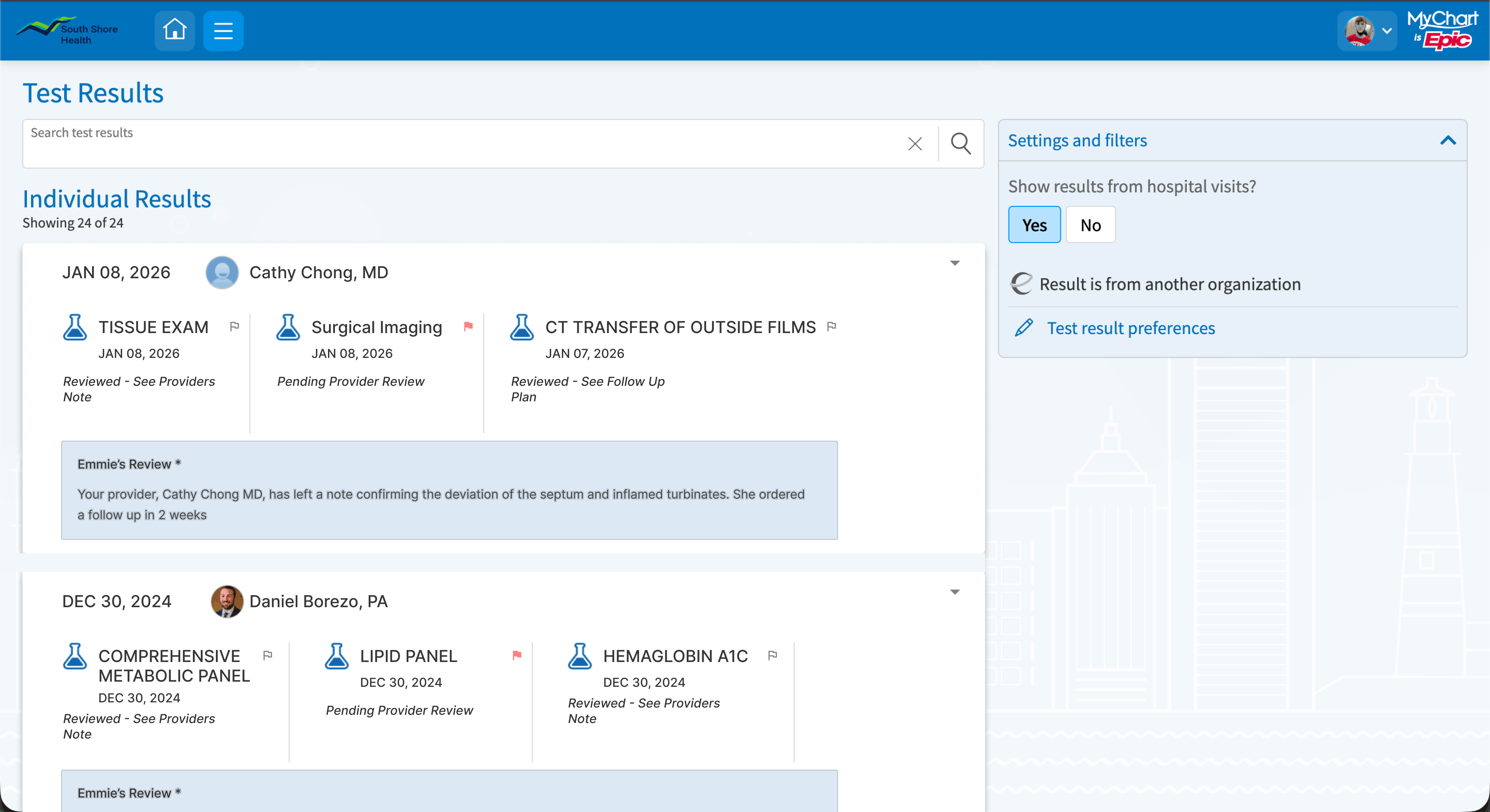Proposed MyChart test results with visit-level grouping